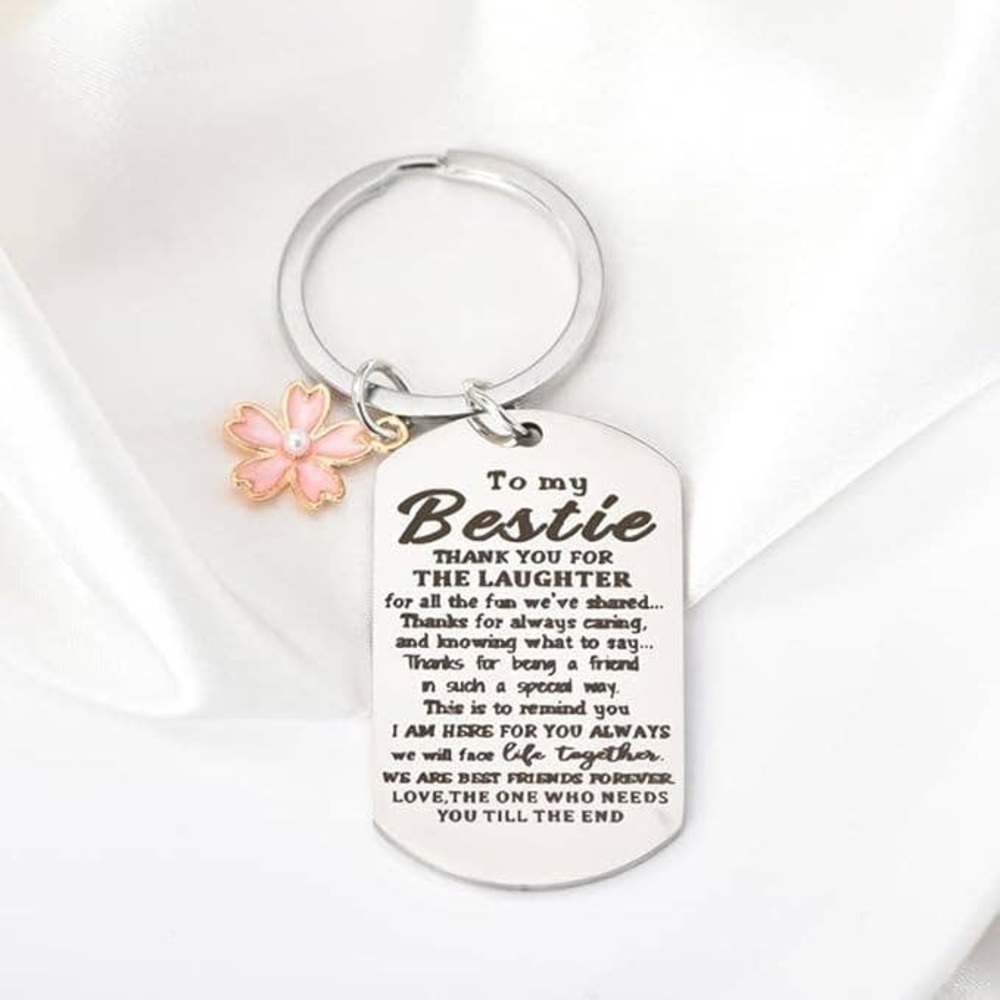 Silver Keychain with Pink Flower Charm